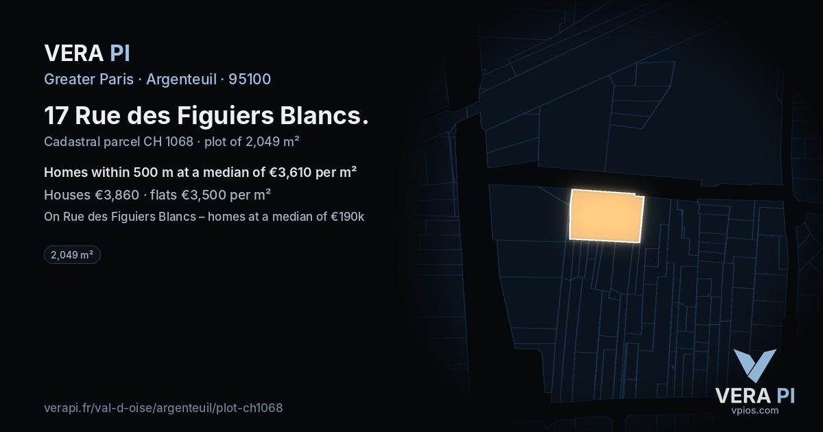 17 Rue des Figuiers Blancs, Argenteuil at night – the plot lit, the parcels around coloured by the prices near them