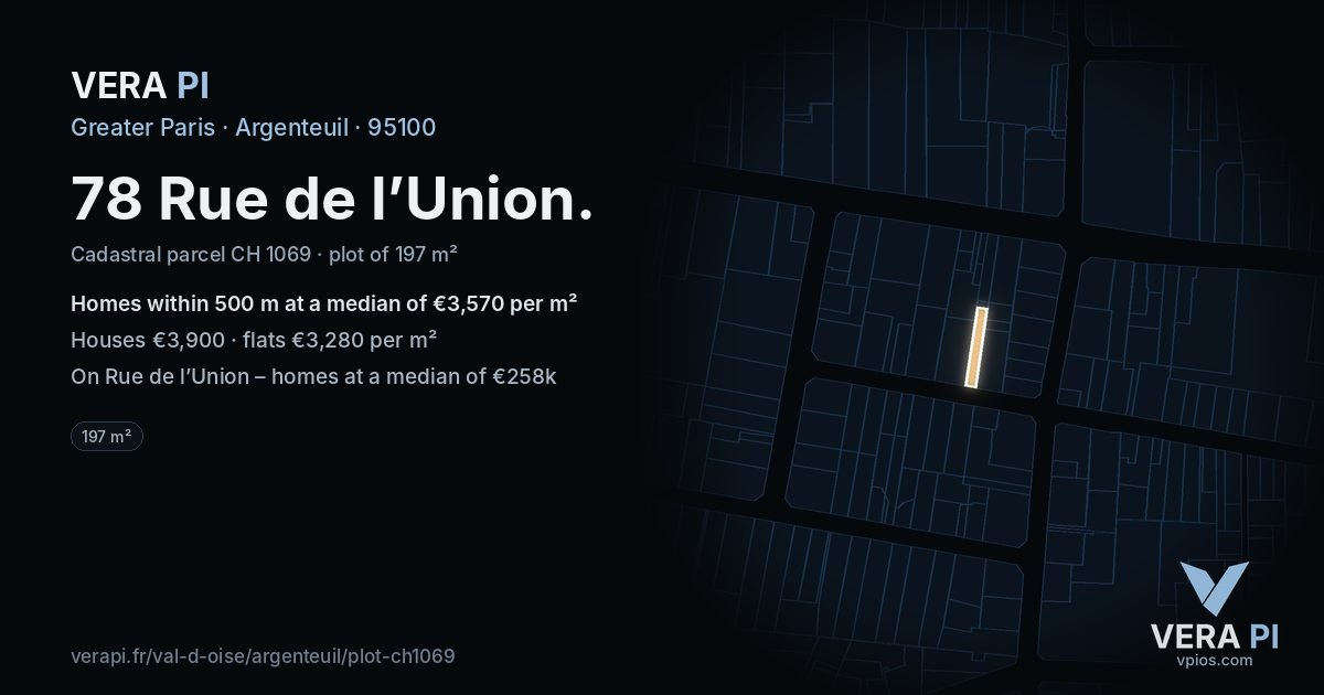 78 Rue de l’Union, Argenteuil at night – the plot lit, the parcels around coloured by the prices near them