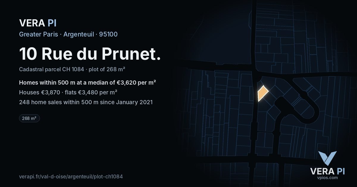 10 Rue du Prunet, Argenteuil at night – the plot lit, the parcels around coloured by the prices near them