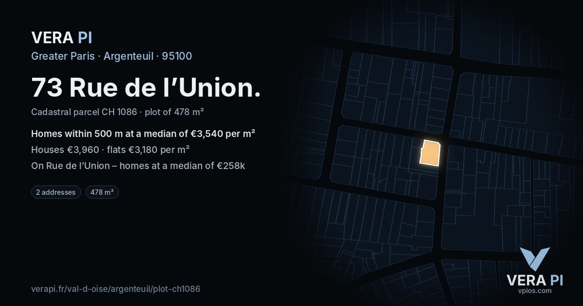 73 Rue de l’Union, Argenteuil at night – the plot lit, the parcels around coloured by the prices near them