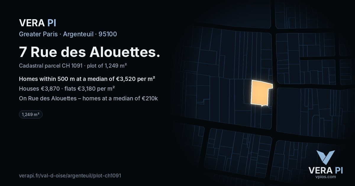 7 Rue des Alouettes, Argenteuil at night – the plot lit, the parcels around coloured by the prices near them