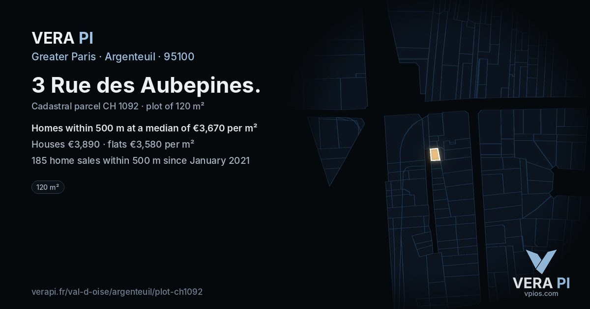 3 Rue des Aubepines, Argenteuil at night – the plot lit, the parcels around coloured by the prices near them