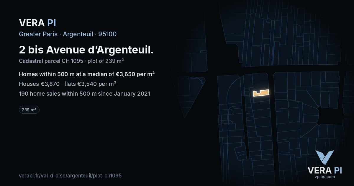 2 bis Avenue d’Argenteuil, Argenteuil at night – the plot lit, the parcels around coloured by the prices near them