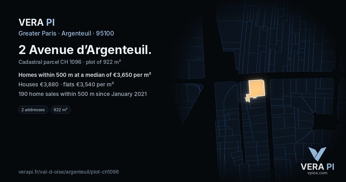 2 Avenue d’Argenteuil, Argenteuil at night – the plot lit, the parcels around coloured by the prices near them