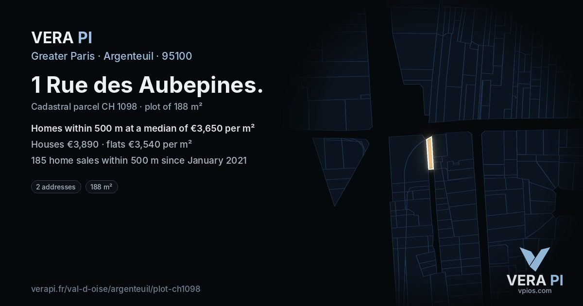 1 Rue des Aubepines, Argenteuil at night – the plot lit, the parcels around coloured by the prices near them