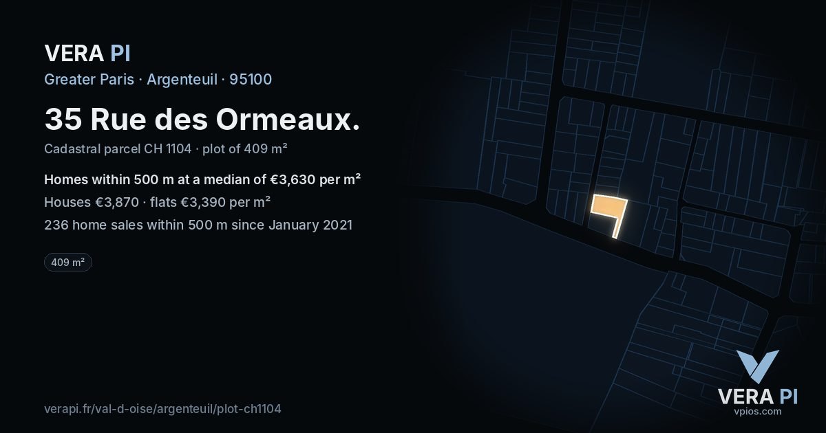 35 Rue des Ormeaux, Argenteuil at night – the plot lit, the parcels around coloured by the prices near them