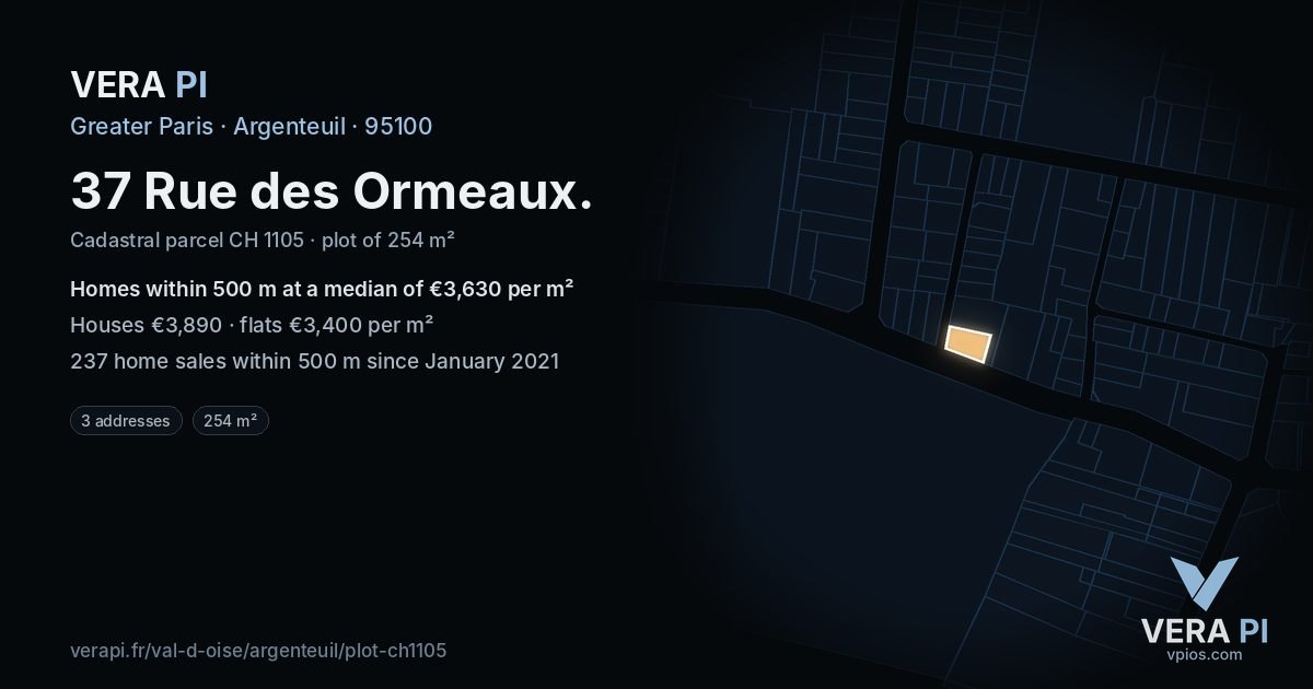 37 Rue des Ormeaux, Argenteuil at night – the plot lit, the parcels around coloured by the prices near them
