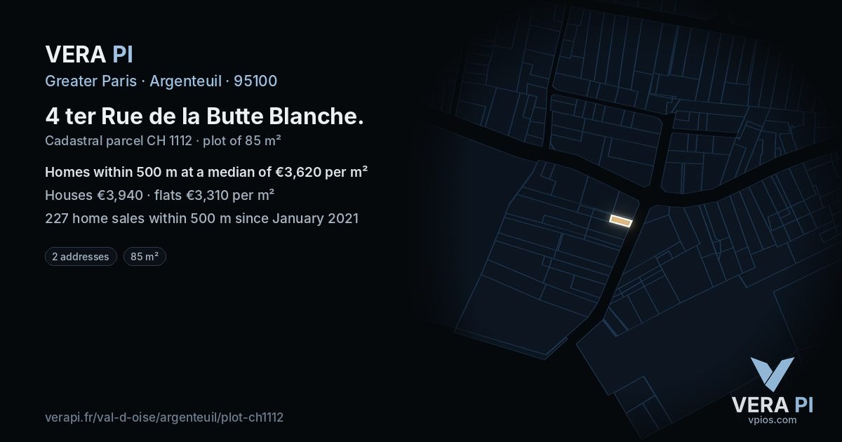 4 ter Rue de la Butte Blanche, Argenteuil at night – the plot lit, the parcels around coloured by the prices near them
