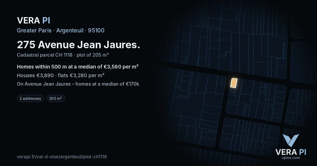 275 Avenue Jean Jaures, Argenteuil at night – the plot lit, the parcels around coloured by the prices near them