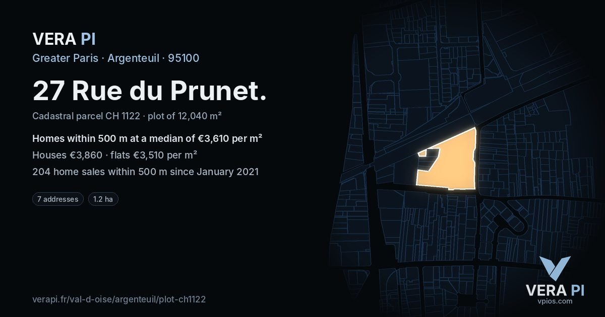 27 Rue du Prunet, Argenteuil at night – the plot lit, the parcels around coloured by the prices near them