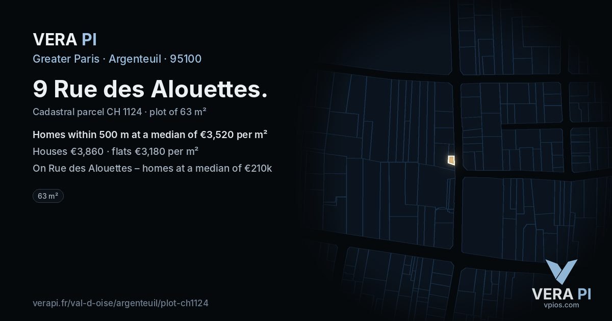 9 Rue des Alouettes, Argenteuil at night – the plot lit, the parcels around coloured by the prices near them