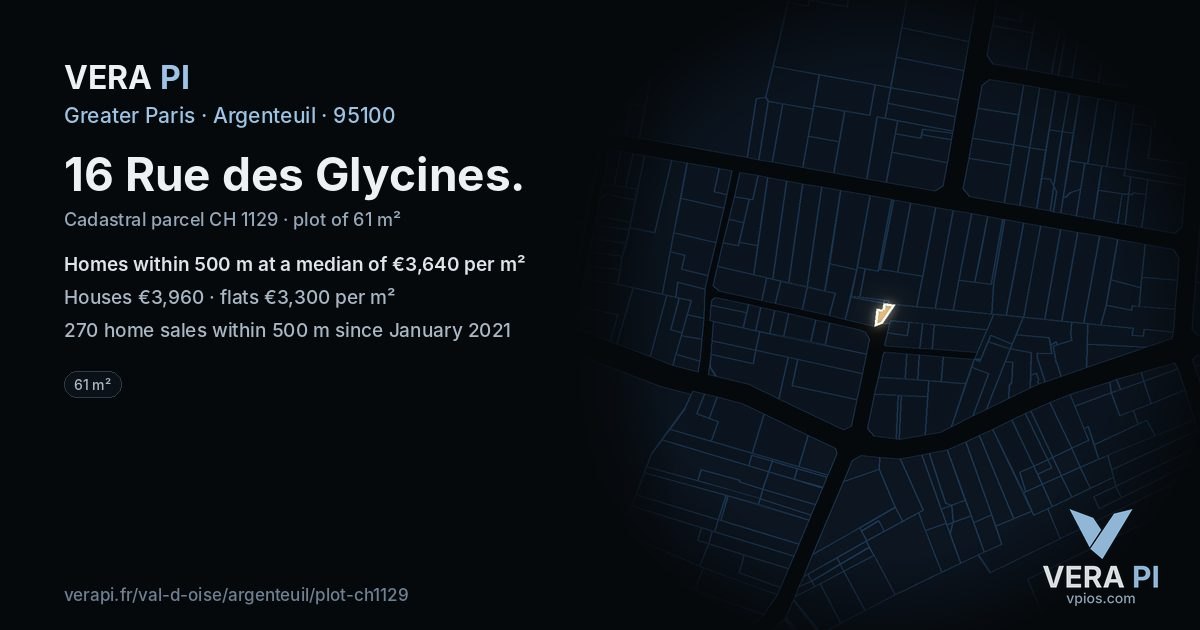 16 Rue des Glycines, Argenteuil at night – the plot lit, the parcels around coloured by the prices near them