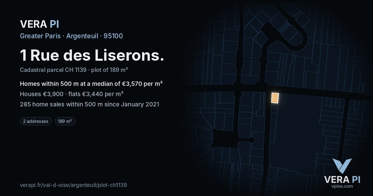 1 Rue des Liserons, Argenteuil at night – the plot lit, the parcels around coloured by the prices near them