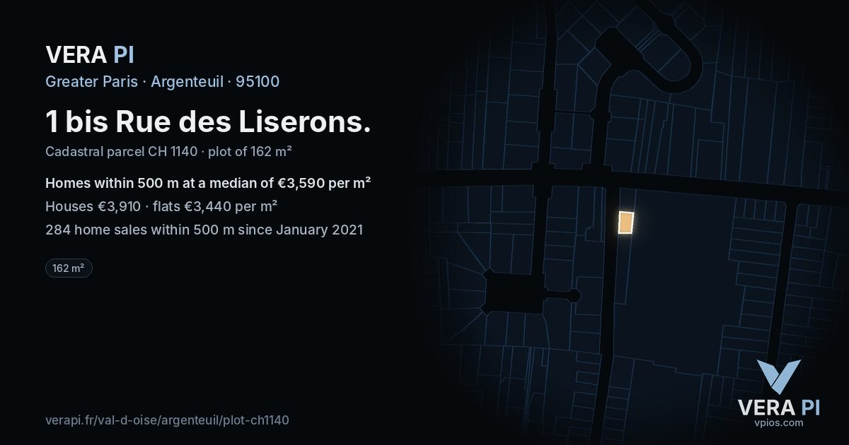 1 bis Rue des Liserons, Argenteuil at night – the plot lit, the parcels around coloured by the prices near them