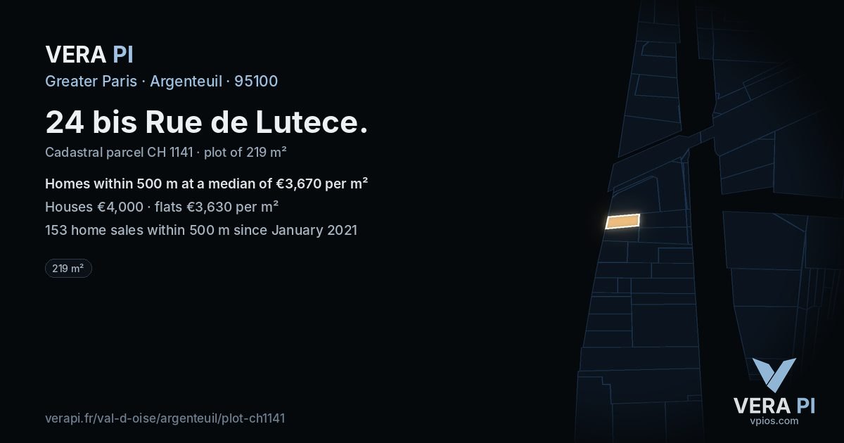 24 bis Rue de Lutece, Argenteuil at night – the plot lit, the parcels around coloured by the prices near them