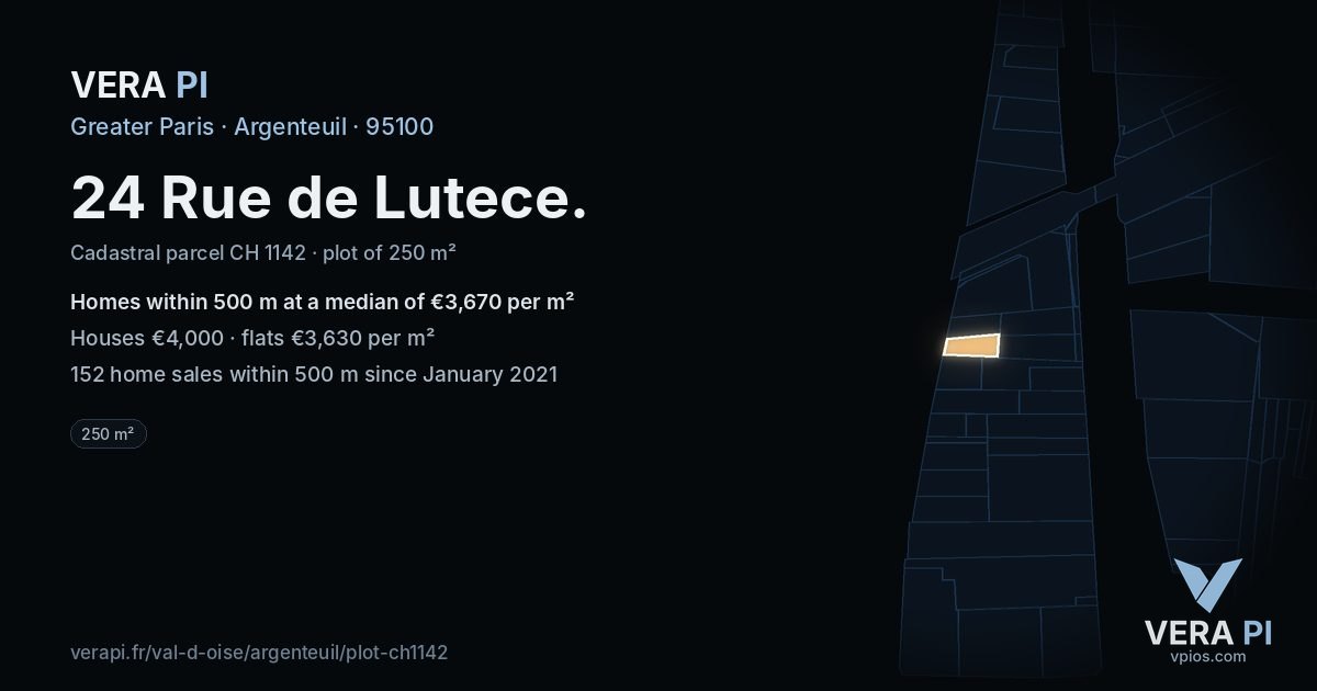 24 Rue de Lutece, Argenteuil at night – the plot lit, the parcels around coloured by the prices near them