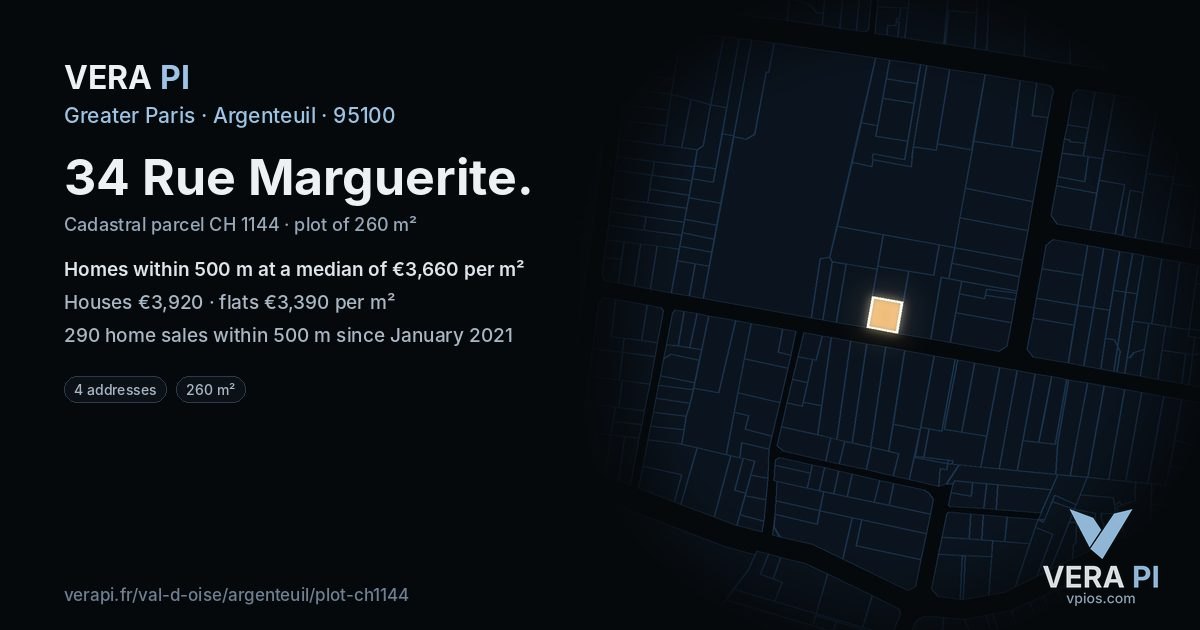 34 Rue Marguerite, Argenteuil at night – the plot lit, the parcels around coloured by the prices near them