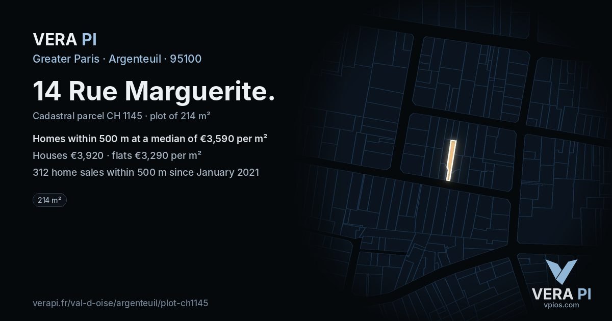 14 Rue Marguerite, Argenteuil at night – the plot lit, the parcels around coloured by the prices near them