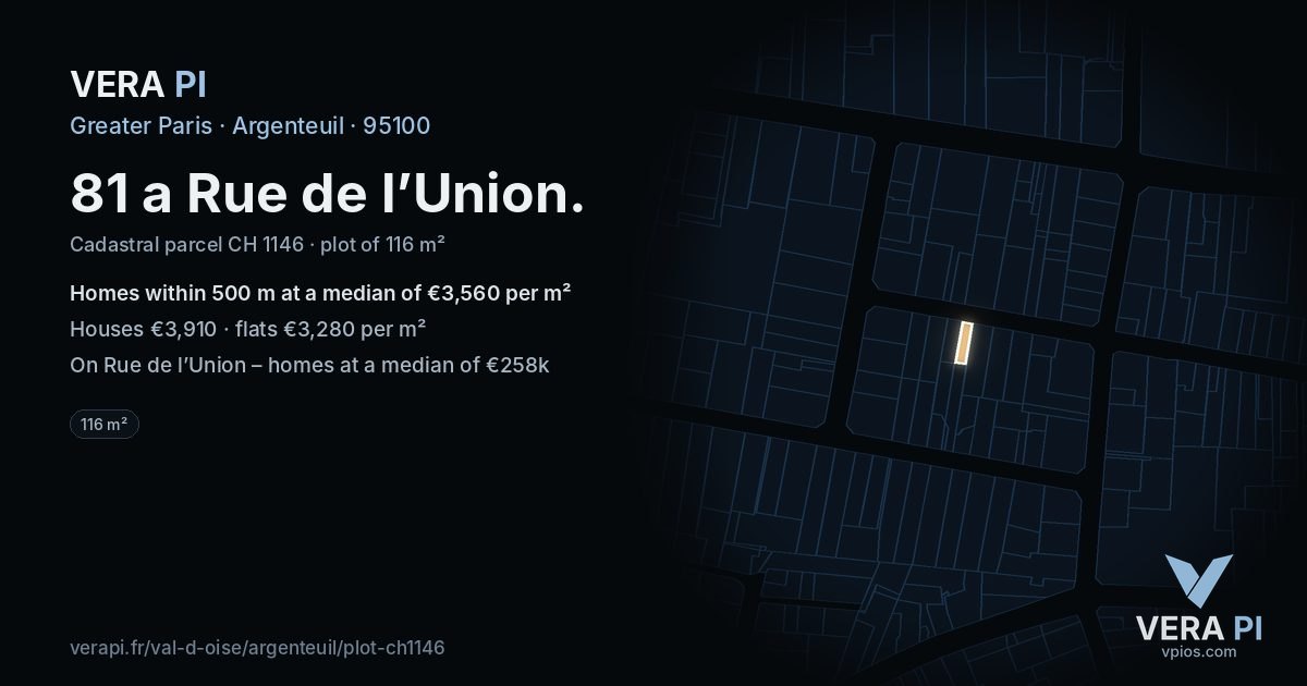 81 a Rue de l’Union, Argenteuil at night – the plot lit, the parcels around coloured by the prices near them