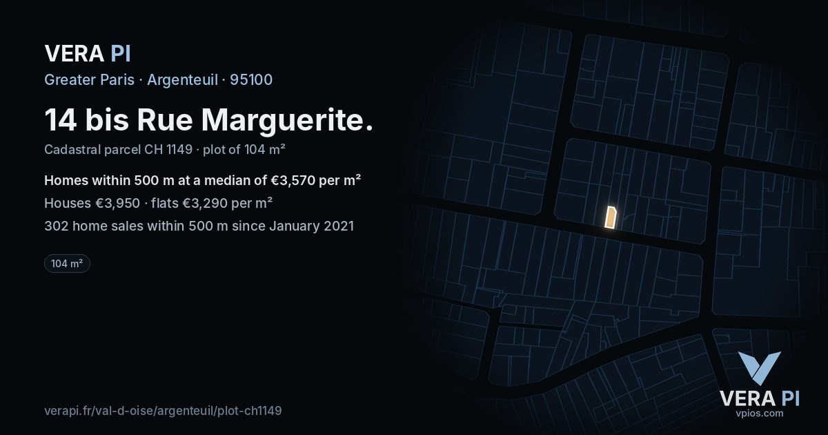 14 bis Rue Marguerite, Argenteuil at night – the plot lit, the parcels around coloured by the prices near them