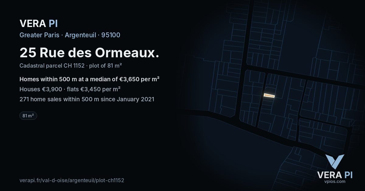 25 Rue des Ormeaux, Argenteuil at night – the plot lit, the parcels around coloured by the prices near them