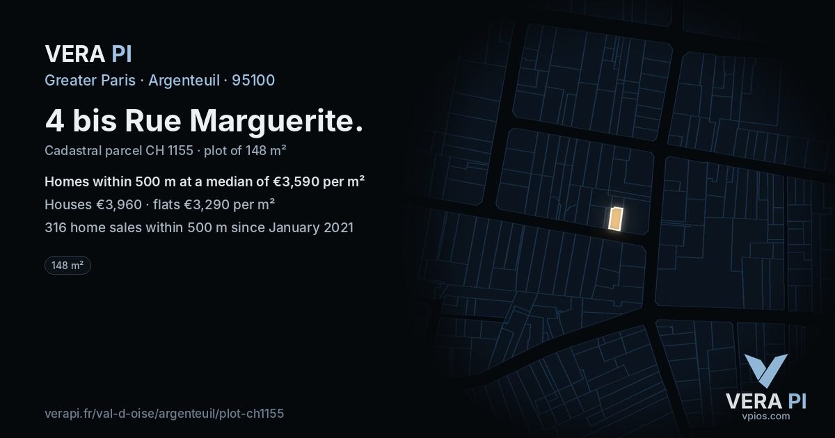 4 bis Rue Marguerite, Argenteuil at night – the plot lit, the parcels around coloured by the prices near them