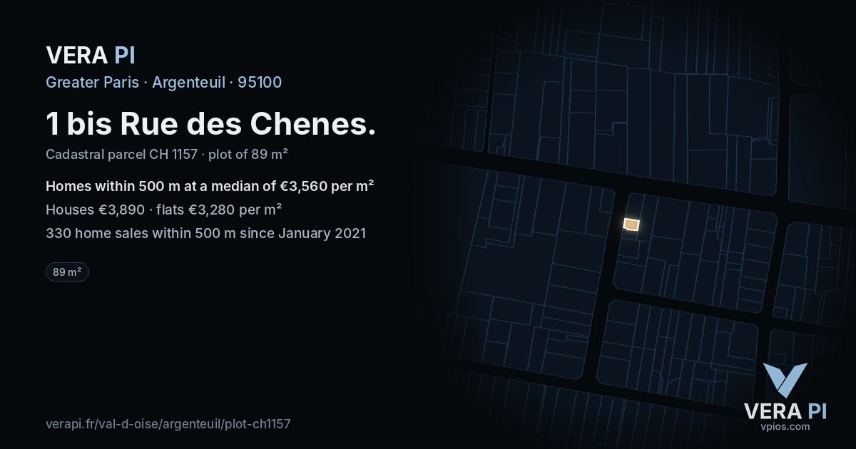 1 bis Rue des Chenes, Argenteuil at night – the plot lit, the parcels around coloured by the prices near them