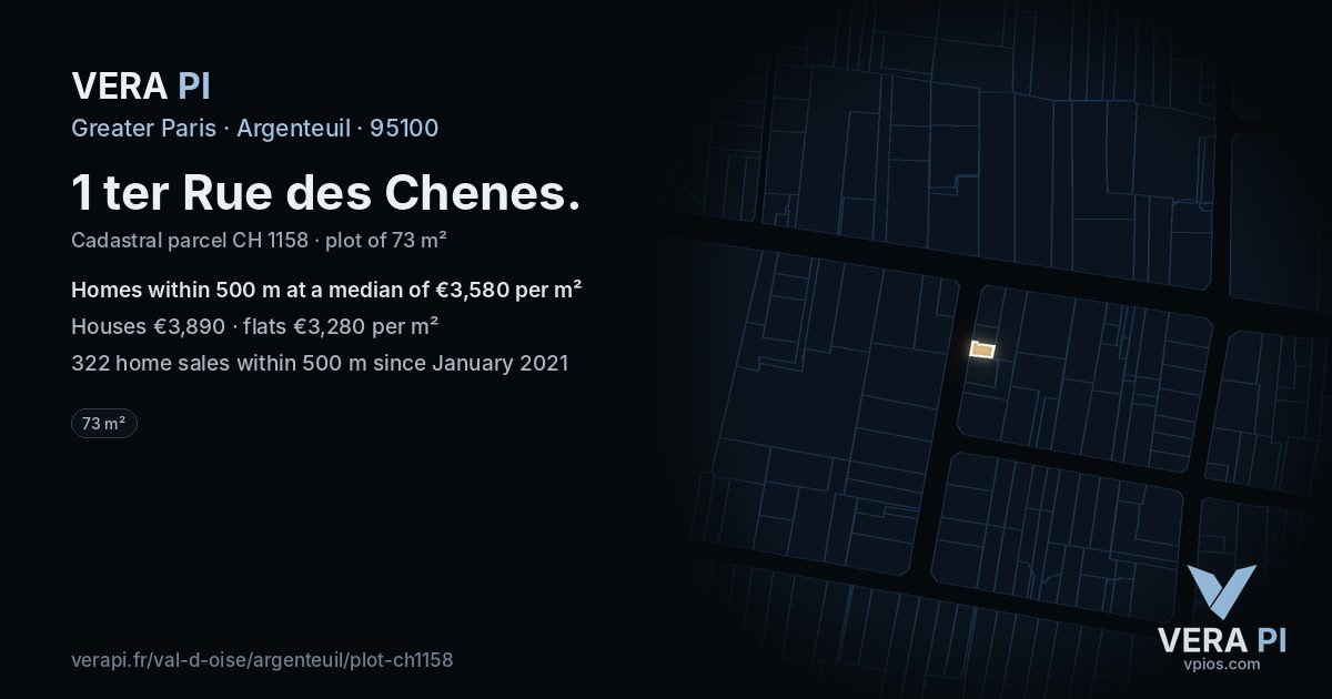 1 ter Rue des Chenes, Argenteuil at night – the plot lit, the parcels around coloured by the prices near them