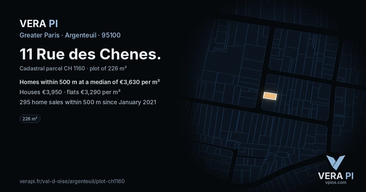 11 Rue des Chenes, Argenteuil at night – the plot lit, the parcels around coloured by the prices near them