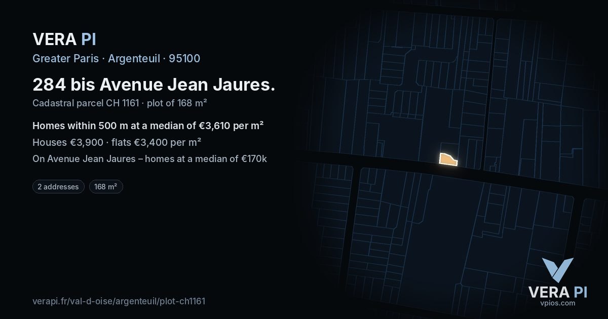 284 bis Avenue Jean Jaures, Argenteuil at night – the plot lit, the parcels around coloured by the prices near them