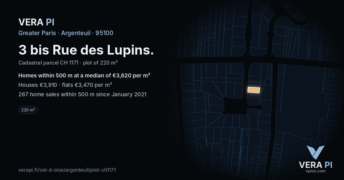 3 bis Rue des Lupins, Argenteuil at night – the plot lit, the parcels around coloured by the prices near them