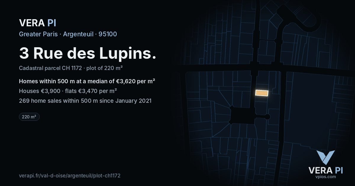 3 Rue des Lupins, Argenteuil at night – the plot lit, the parcels around coloured by the prices near them