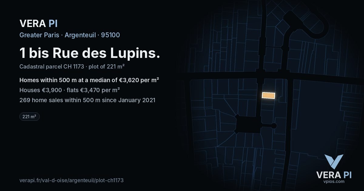 1 bis Rue des Lupins, Argenteuil at night – the plot lit, the parcels around coloured by the prices near them