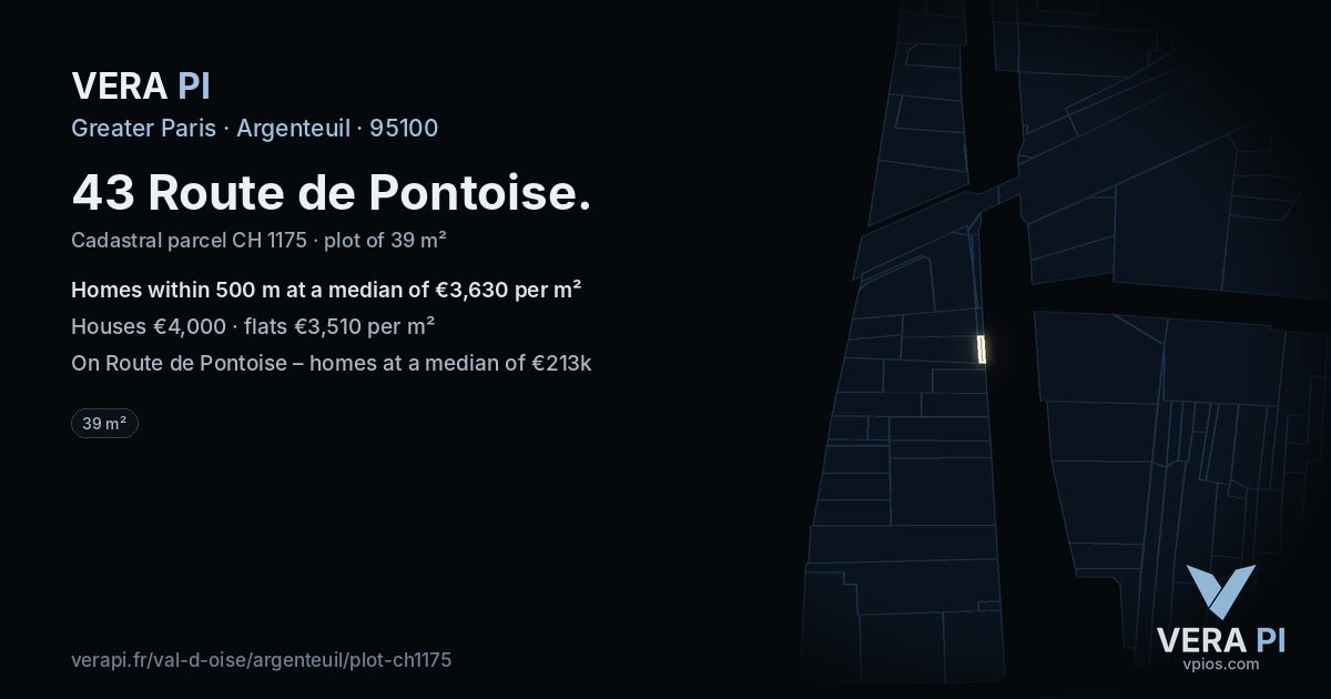43 Route de Pontoise, Argenteuil at night – the plot lit, the parcels around coloured by the prices near them