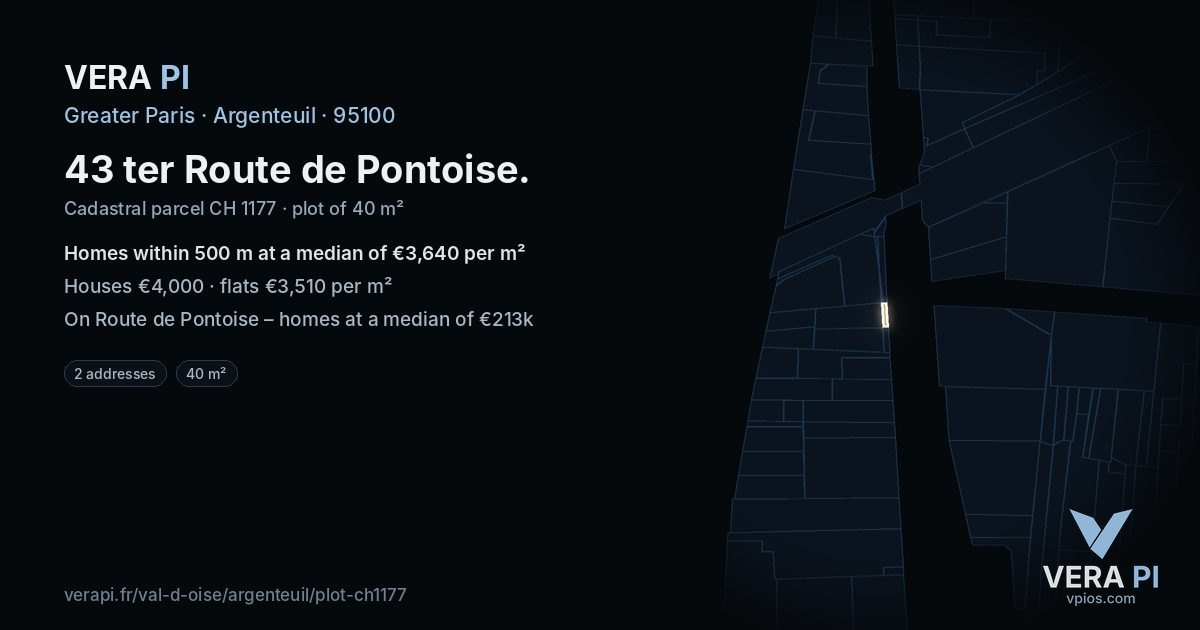43 ter Route de Pontoise, Argenteuil at night – the plot lit, the parcels around coloured by the prices near them