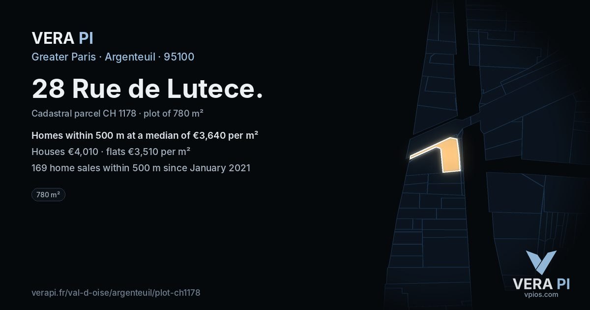 28 Rue de Lutece, Argenteuil at night – the plot lit, the parcels around coloured by the prices near them