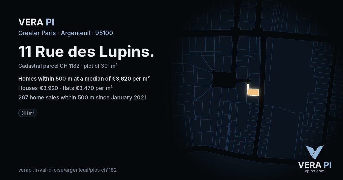 11 Rue des Lupins, Argenteuil at night – the plot lit, the parcels around coloured by the prices near them