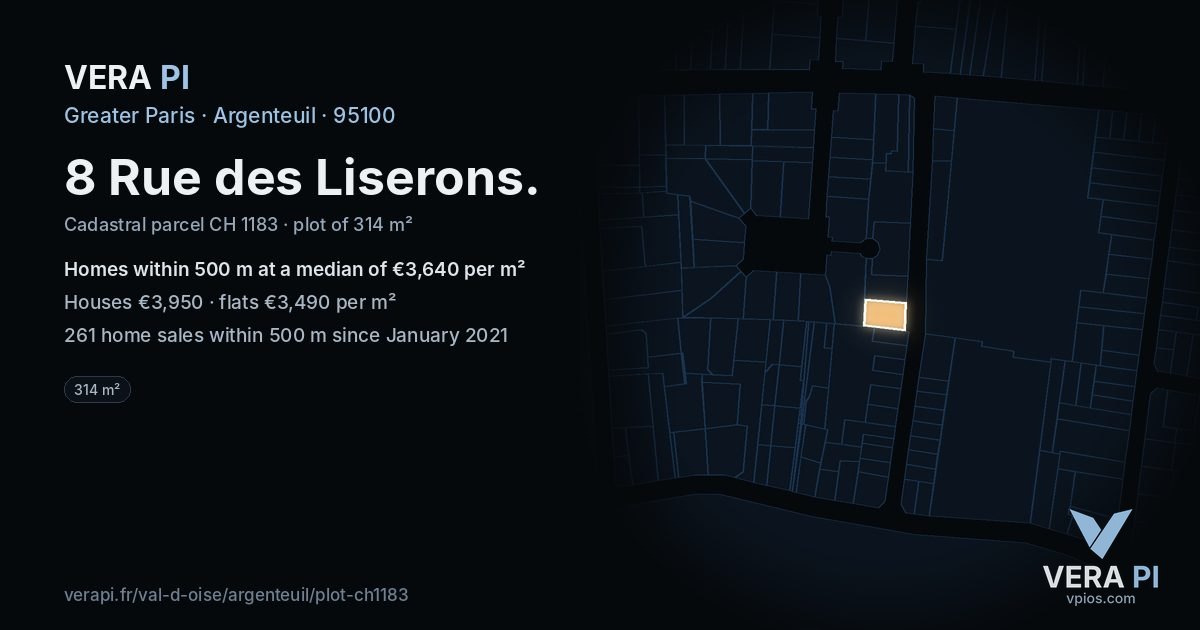 8 Rue des Liserons, Argenteuil at night – the plot lit, the parcels around coloured by the prices near them