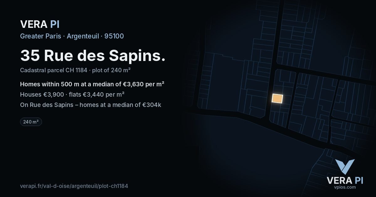35 Rue des Sapins, Argenteuil at night – the plot lit, the parcels around coloured by the prices near them