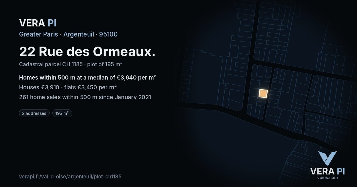 22 Rue des Ormeaux, Argenteuil at night – the plot lit, the parcels around coloured by the prices near them