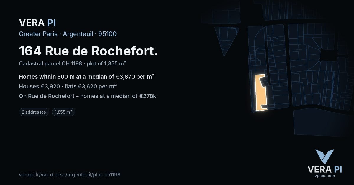 164 Rue de Rochefort, Argenteuil at night – the plot lit, the parcels around coloured by the prices near them