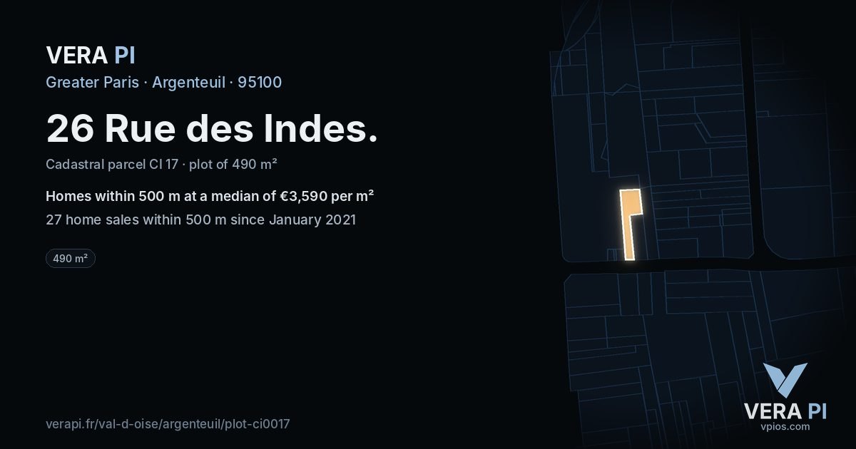26 Rue des Indes, Argenteuil at night – the plot lit, the parcels around coloured by the prices near them