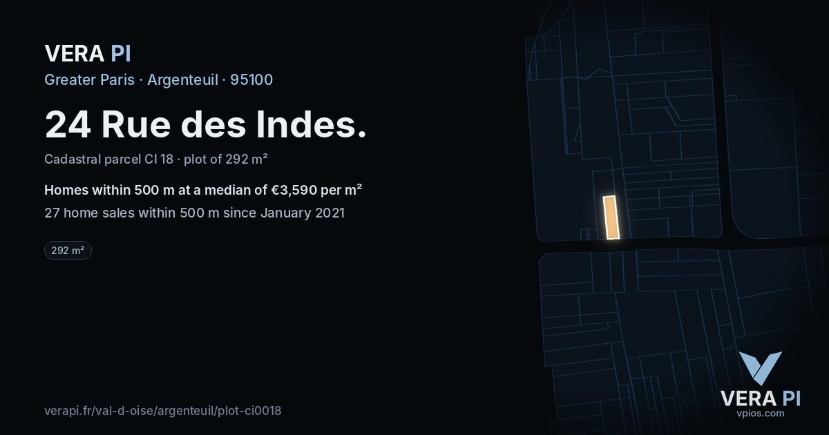 24 Rue des Indes, Argenteuil at night – the plot lit, the parcels around coloured by the prices near them