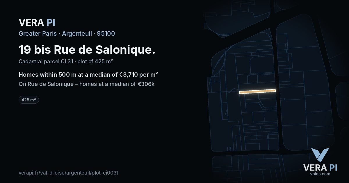 19 bis Rue de Salonique, Argenteuil at night – the plot lit, the parcels around coloured by the prices near them