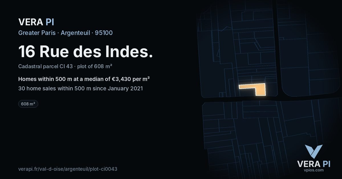 16 Rue des Indes, Argenteuil at night – the plot lit, the parcels around coloured by the prices near them