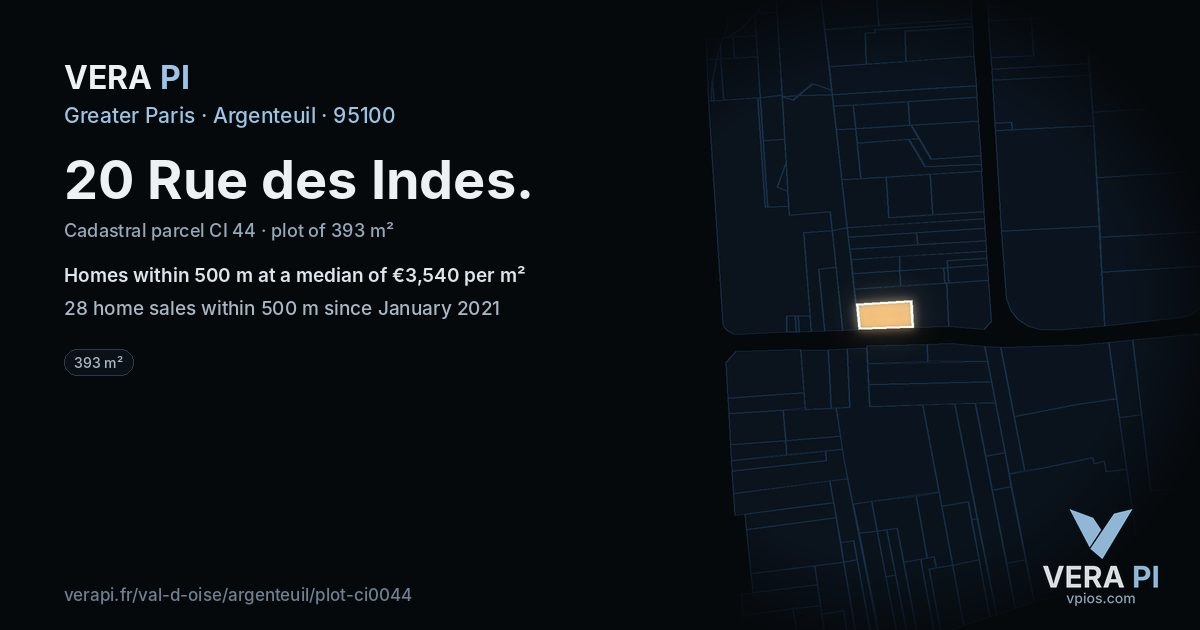 20 Rue des Indes, Argenteuil at night – the plot lit, the parcels around coloured by the prices near them