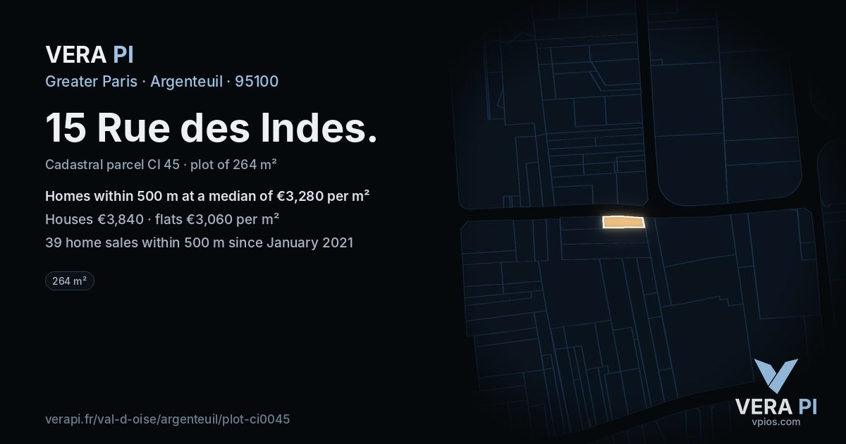 15 Rue des Indes, Argenteuil at night – the plot lit, the parcels around coloured by the prices near them