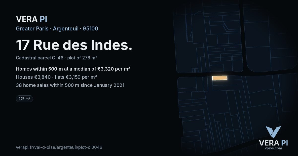17 Rue des Indes, Argenteuil at night – the plot lit, the parcels around coloured by the prices near them