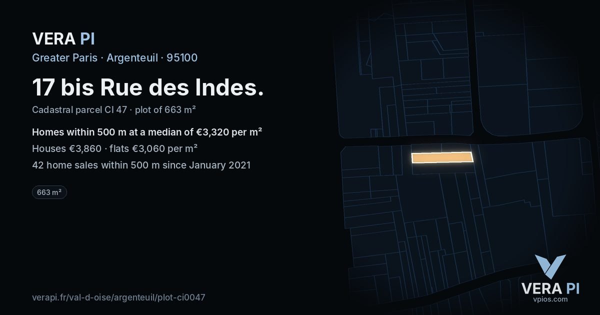17 bis Rue des Indes, Argenteuil at night – the plot lit, the parcels around coloured by the prices near them