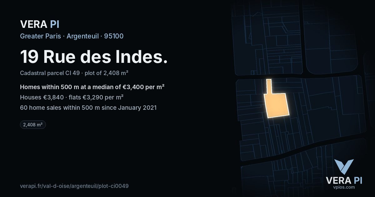 19 Rue des Indes, Argenteuil at night – the plot lit, the parcels around coloured by the prices near them